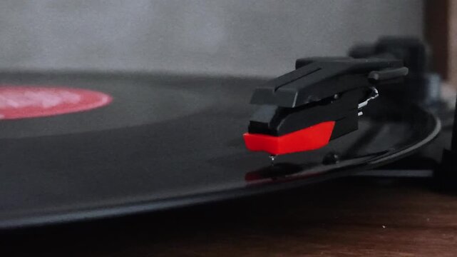 Vertical View, Long Play Vinyl Record Playback on Vintage Turntable