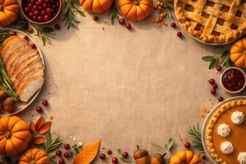 Fototapeta premium Festive Thanksgiving day background layout featuring sliced roasted turkey, pumpkin pies, fresh pumpkins, cranberries, and autumn leaves around empty rustic copy space.