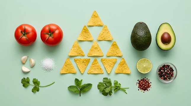 Mexican nachos ingredients flat lay, corn tortilla chips arranged in pyramid with fresh avocado and tomatoes, culinary food photography on green background