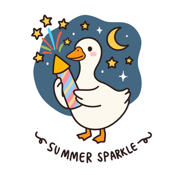 Cute goose with summer sparkle firework rocket in night sky vector illustration, adorable goose cartoon character celebrating with crescent moon and stars for festival design