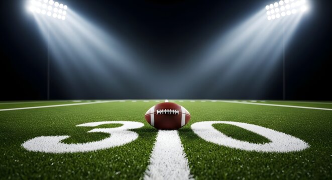 American football field with ball on 30 yard line under stadium lights