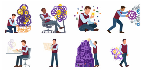 Naklejka premium Business innovation and technology system development concept illustrations featuring a professional male character working with gears and digital interfaces.
