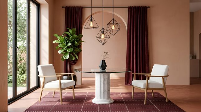 Modern minimalist dining room with terracotta walls, elegant marble pedestal table and mid-century armchairs, contemporary interior design with geometric pendant lights