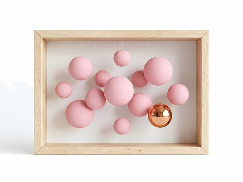 Pink and metallic spheres inside a wooden frame