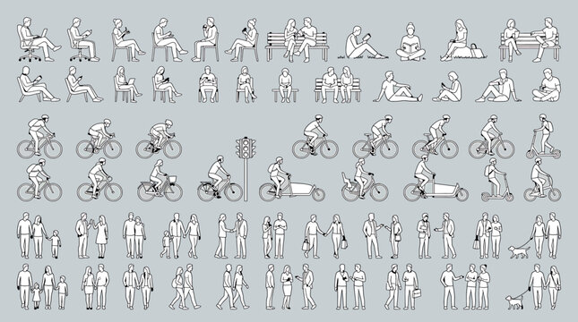 Set of vector silhouettes of people sitting, walking, talking, and riding bicycles on a gray background