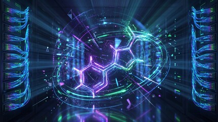 Fototapeta premium Glowing molecule structure in futuristic server room for pharmaceutical drug discovery