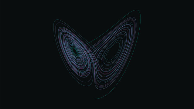 Lorenz strange attractor chaos theory glowing lines on dark background with copy space