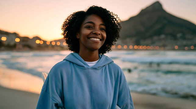 smiling ethnic woman with curly hair at beach sunset, relaxed casual lifestyle travel vacation freedom concept portrait
