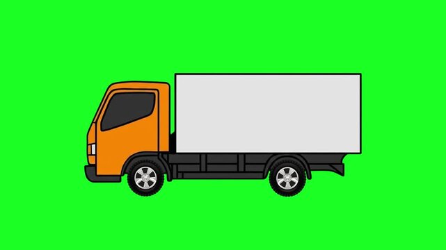 Orange delivery van driving on green screen background. Flat vector truck animation representing shipping, logistics, transport