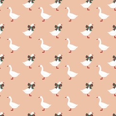 Fototapeta premium Green Beige Red Christmas Geese cones bows seamless pattern 