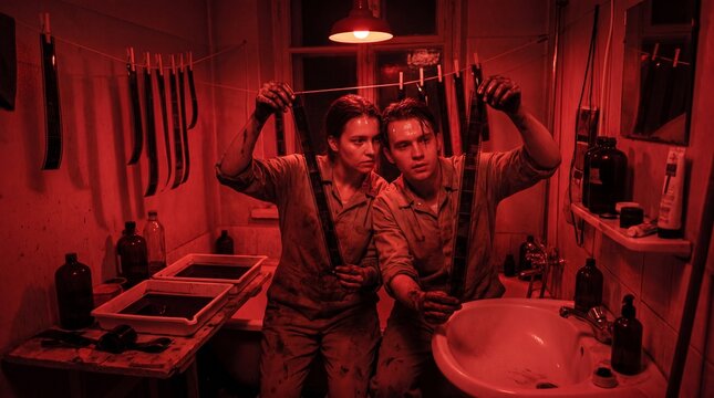 Couple developing film strips in a red-lit makeshift darkroom