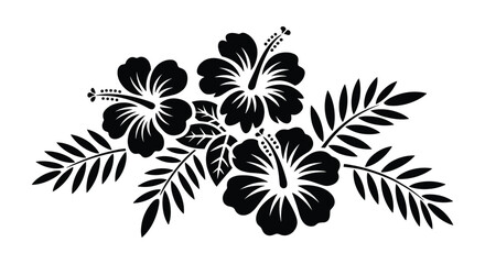 Hibiscus Flower and Leaf Design. A stylized illustration of three hibiscus flowers with detailed stamen and petals, surrounded by tropical fern leaves. © Vector By Kolpona
