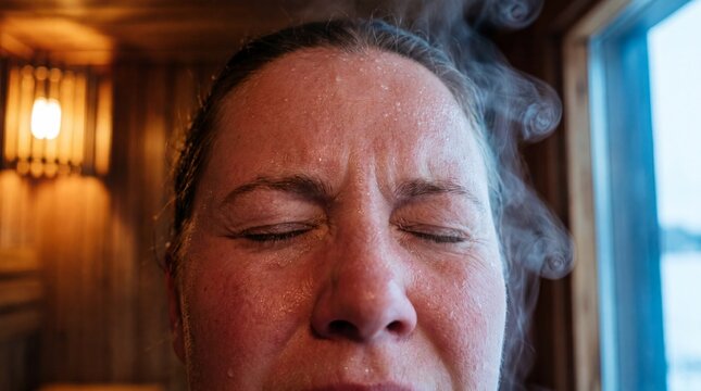 Person with closed eyes sweating profusely in a steamy sauna