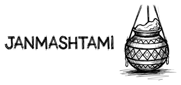 Janmashtami festival lettering with hanging dahi handi butter pot in scratchy sketch style