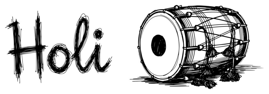 Holi festival lettering with traditional Indian dholak drum in sketch style