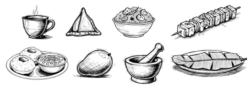 Indian traditional food set with dishes like samosa biryani pani puri and paneer tikka hand drawn sketch style