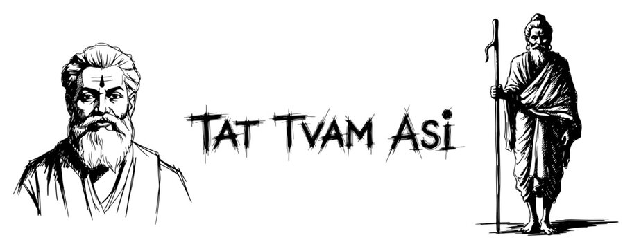 Tat Tvam Asi mantra text with illustrations of Hindu rishi guru and standing sage in hand drawn sketch style