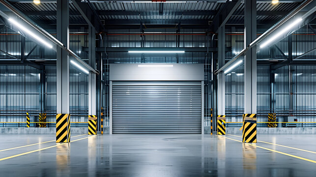 Empty industrial warehouse interior with metal structures and roller doors