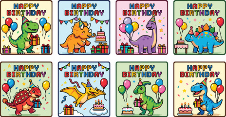 Obraz premium Cute Cartoon Dinosaur Happy Birthday Greeting Card Set with Colorful Balloons Cakes and Gifts for Kids Party Invitation Designs