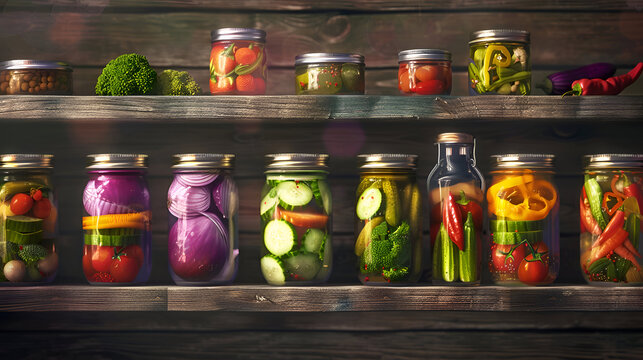 Colorful assortment of pickled vegetables in glass jars on rustic wooden shelves