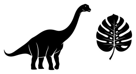 Brachiosaurus dinosaur and tropical monstera leaf silhouettes in black vector style © Anna