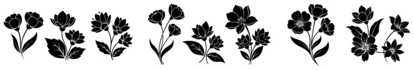 Fototapeta premium Floral branch elements with blossoms and leaves collection in black silhouette style