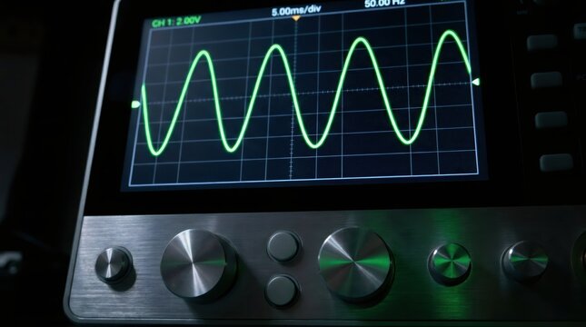 Oscilloscope screen showing a green sine wave signal. Electronic testing equipment for measurement and analysis. Laboratory analysis of voltage frequency and electric current waveform.