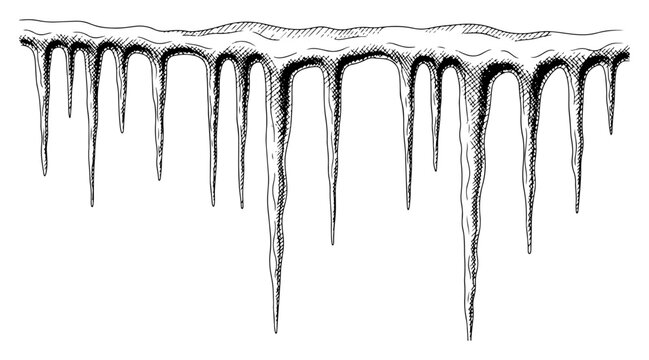 Hanging frozen icicles under a layer of snow in vintage woodcut engraving style