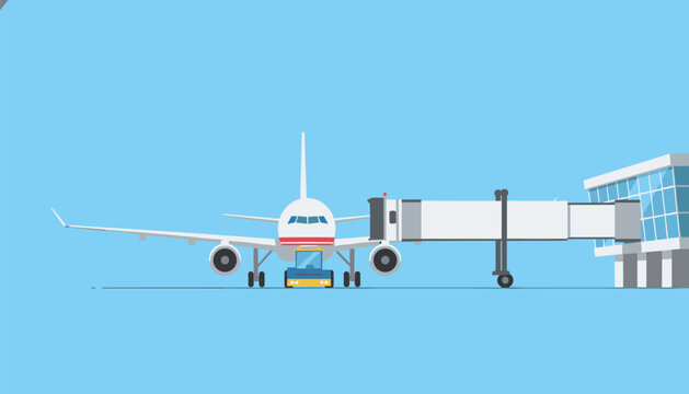 Commercial passenger airplane parked at airport terminal gate connected to jet bridge for boarding against clear light blue sky background for travel industry.