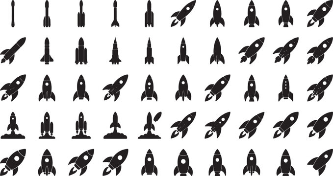 Set of Various Rocket Ship Silhouettes for Space Theme Design