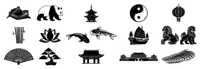 Chinese cultural heritage icons collection featuring panda pagoda yin yang and temple gate vintage linocut style © Anna