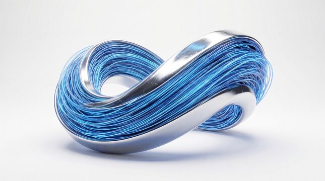 Polished and glowing blue fiber optic mobius strip forming futuristic network loop