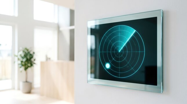 Radar display screen mounted on an office wall. Digital tracking system with glowing interface. Innovative smart home monitoring and security technology for modern workspace management.