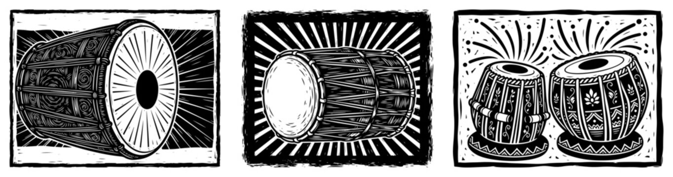 Traditional Indian drums and percussion instruments panels in vintage woodcut style