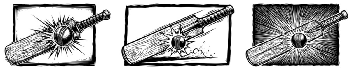 Cricket bat hitting ball with dynamic action rays in vintage framed woodcut style © Anna