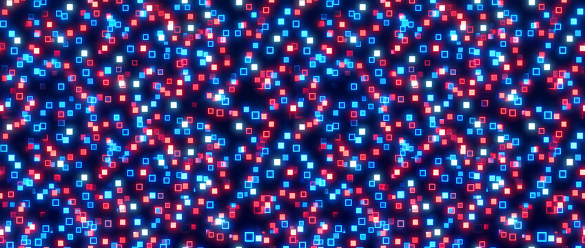 Glowing blue and red square pixels creating abstract pattern