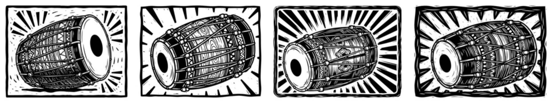 Traditional Indian dholak and mridangam percussion drums panels in vintage woodcut style
