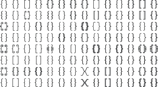 Curly braces and square brackets decorative typographic grid with diverse font styles and design variations vector illustration artwork