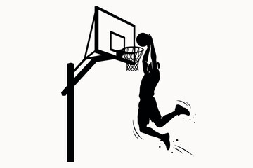 Basketball hoop and player silhouette against a white background dynamic sports illustration dunk slam athletic © Apai