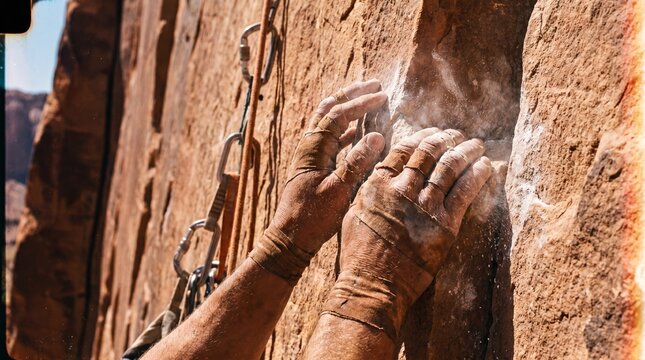 Climbers hands gripping rough sandstone rock with chalk and gear during ascent