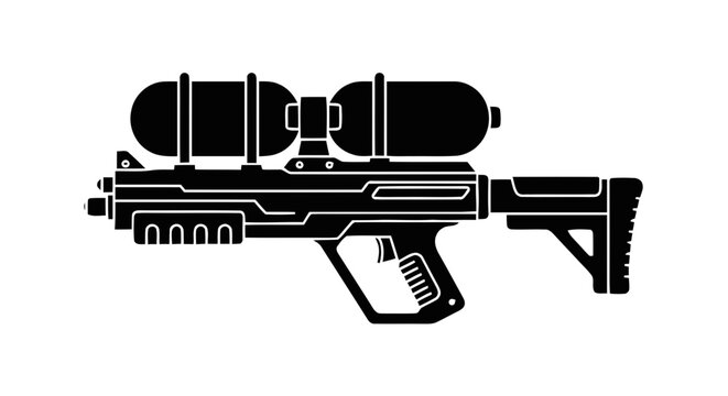 Vector illustration of black silhouette of a futuristic paintball or water gun on a transparent background
