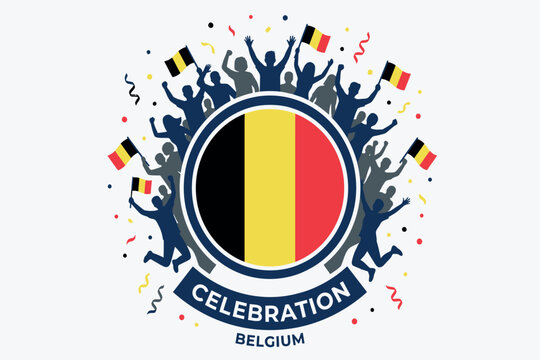 Belgium national flag with celebrating silhouettes and confetti vector illustration belgian tricolour vertical stripes black
