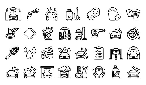 Car Washing Icons Set Vehicle Cleaning Service and Auto Wash Line Vector Collection
