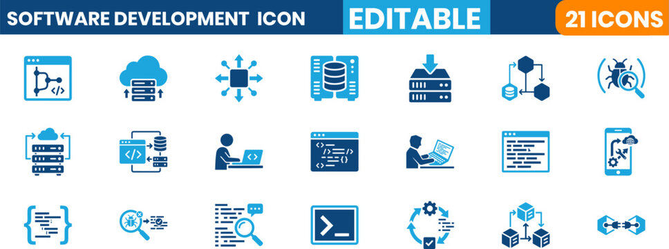 Editable software development icons set in blue shades for coding, programming, and web design, including server, database, and bug fixing graphics
