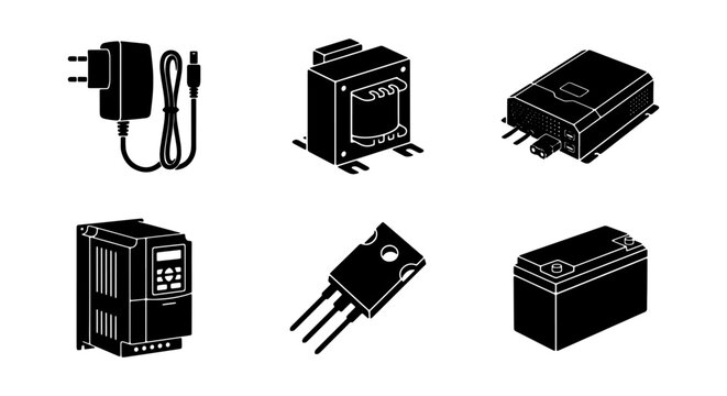 Electrical Components Collection: Power Adapters, Transformers, Batteries, Inverters, Transistors, and Converters Vector Icons