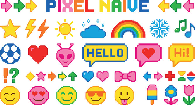 Pixel Art Cute Retro Sticker Icon Set with Rainbow Hello Speech Bubble Star Sun Heart and Smiley Face Elements for Gaming Graphic Designs
