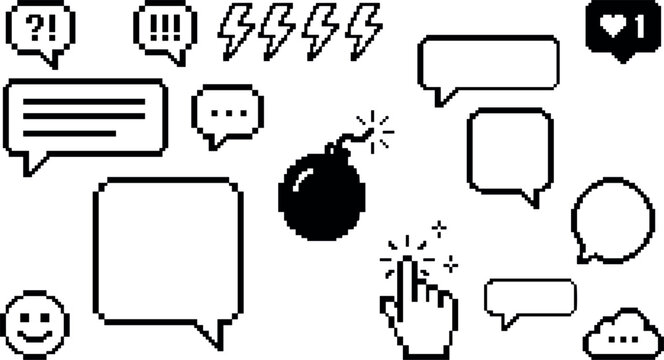 Pixel Art Retro Computer Interface Line Icon Set with Lit Bomb Click Hand Pointer Lightning Bolts and Empty Speech Bubbles for Graphic Designs