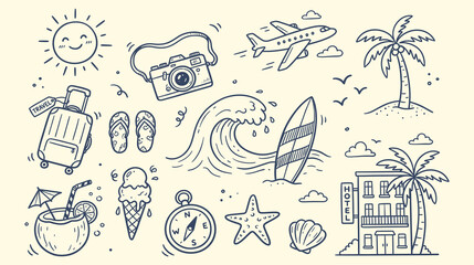 Set of hand drawn travel and summer vacation doodles, collection of holiday elements including suitcase, camera, airplane, palm tree, surfboard, ice cream, compass, and hotel © Marjahan