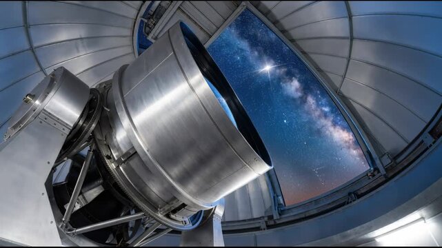 Large telescope aiming at the milky way galaxy. Observatory dome opening to clear night sky. Scientific research and space exploration. Equipment for astronomy.
