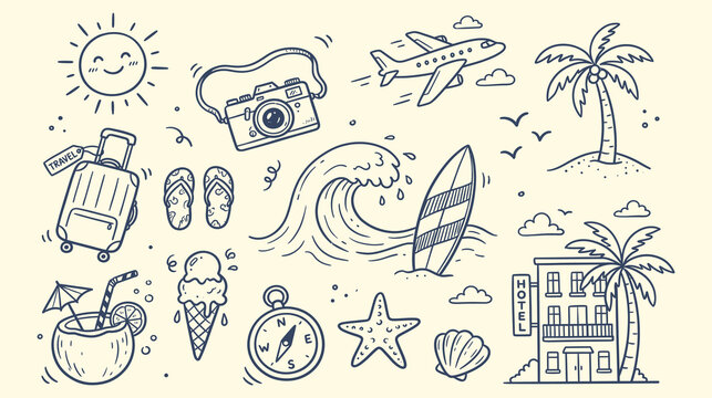 Set of hand drawn travel and summer vacation doodles, collection of holiday elements including suitcase, camera, airplane, palm tree, surfboard, ice cream, compass, and hotel